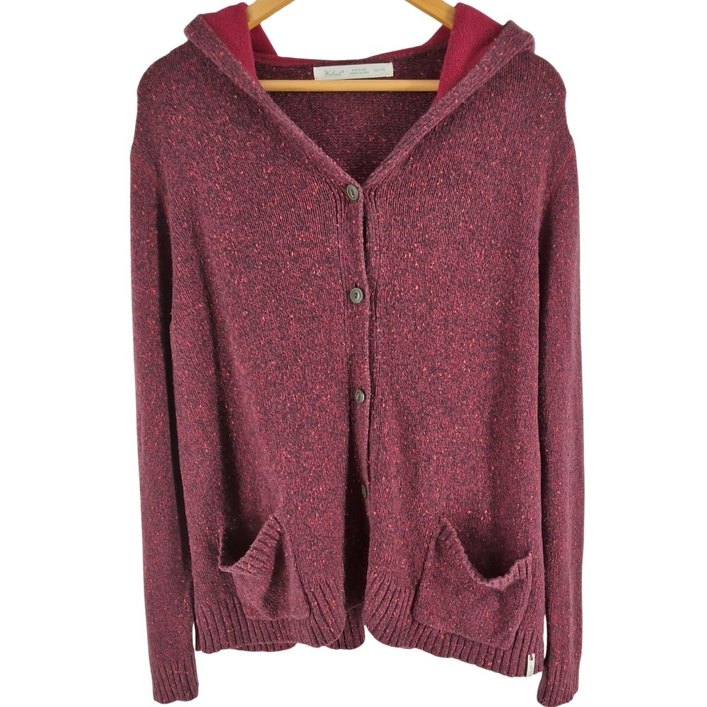 Woolrich Womens XXL Burgundy Marled Hooded Button Cardigan Sweater Fleece Hood